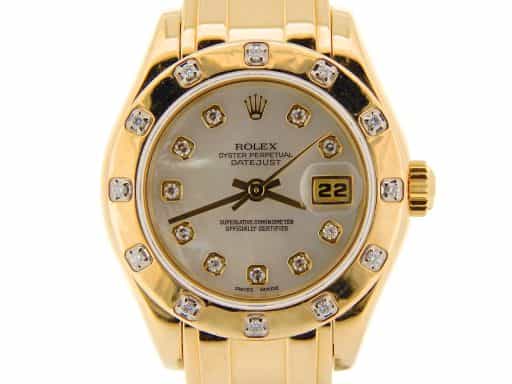 Ladies Rolex 18K Yellow Gold Datejust Pearlmaster White MOP Diamond 69318 (SKU W074718NMTP)
