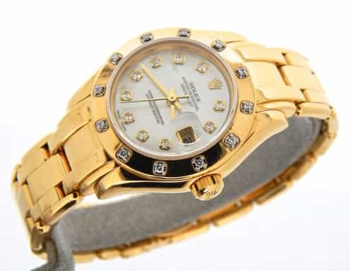 Ladies Rolex 18K Yellow Gold Datejust Pearlmaster White MOP Diamond 69318 (SKU W074718NMTP)