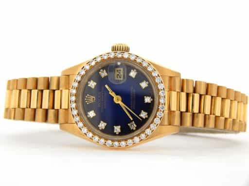 Ladies Rolex 18K Yellow Gold Datejust President Watch Blue Vignette Diamond 69178 (SKU L3BL59V476MT)
