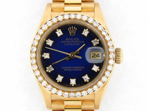 Ladies Rolex 18K Yellow Gold Datejust President Watch Blue Vignette Diamond 69178 (SKU L3BL59V476MT)