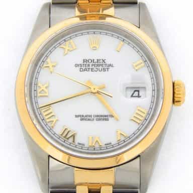 Mens Rolex Two-Tone 18K/SS Datejust White Roman 16203 (SKU K101218JMT)