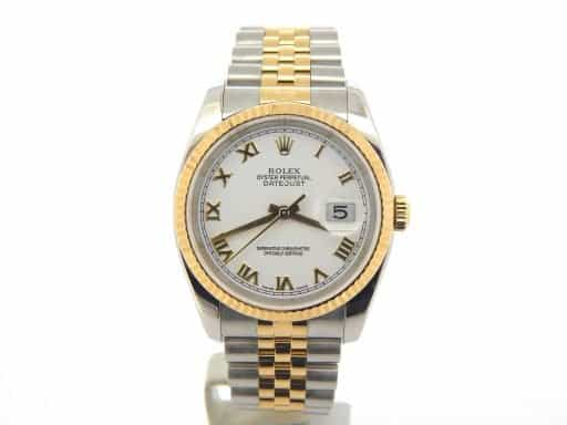Mens Rolex Two-Tone 18K/SS Datejust White Roman 116233 (SKU D376809MT)