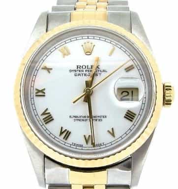 Mens Rolex Two-Tone 18K/SS Datejust White Roman 16233 (SKU T592568ABCMT)