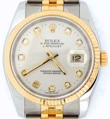 Mens Rolex Two-Tone 18K/SS Datejust Silver Diamond 116233 (SKU F493178SDNBCMT)