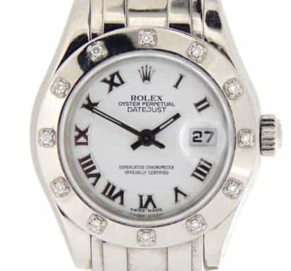 Ladies Rolex 18K White Gold Datejust Pearlmaster White Roman 80319 (SKU D805030NMT)