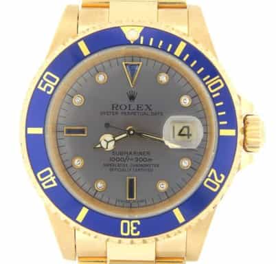 Mens Rolex 18K Yellow Gold Submariner Slate Diamond Blue 16618 (SKU A688645NNMT)