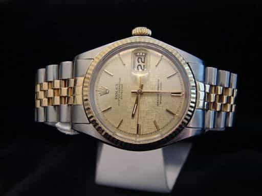 Mens Rolex Two-Tone Datejust 1601 Watch with Gold Linen Dial (SKU 791MT)