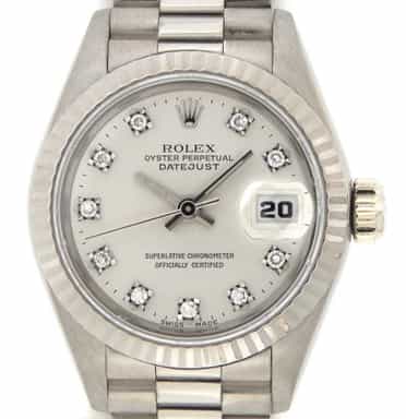 Ladies Rolex 18K White Gold Datejust President Silver Diamond 69179 (SKU R823461)
