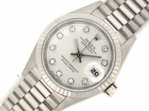 Ladies Rolex 18K White Gold Datejust President Silver Diamond 69179 (SKU R823461)