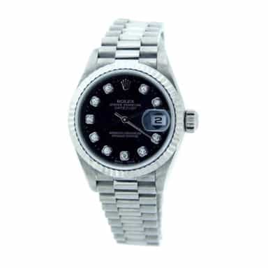 Ladies Rolex 18K White Gold Datejust President Black Diamond 69179 (SKU DJ4362MT)