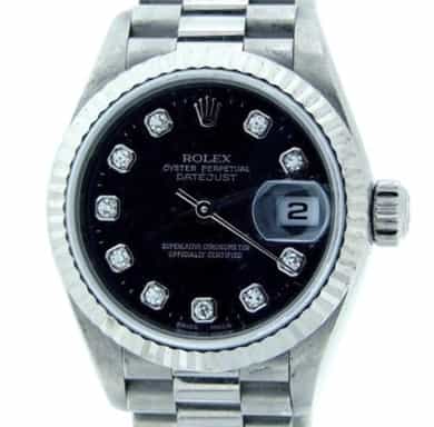 Ladies Rolex 18K White Gold Datejust President Black Diamond 69179 (SKU DJ4362MT)