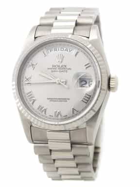 Mens Rolex 18K Gold Day-Date President Silver Roman 18239 (SKU 18239SLVRMT)