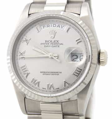 Mens Rolex 18K Gold Day-Date President Silver Roman 18239 (SKU 18239SLVRMT)