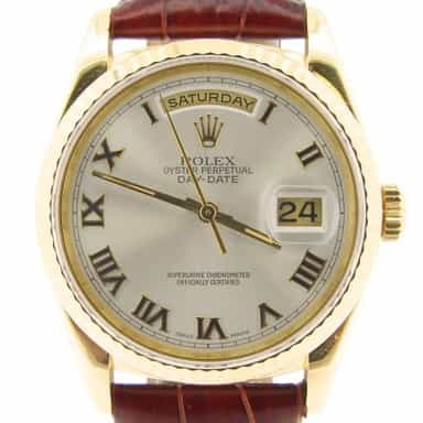 Mens Rolex 18K Gold Day-Date Silver Roman 18238 (SKU 18238SILMT)