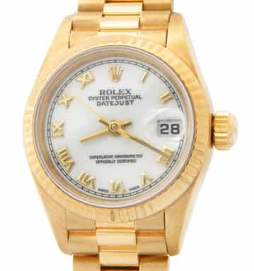 Ladies Rolex 18K Yellow Gold Datejust President White Roman 69178 (SKU T452902AMT)