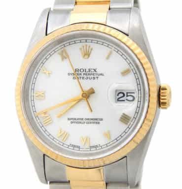 Mens Rolex Two-Tone 18K/SS Datejust White Roman 16233 (SKU T119424AMT)