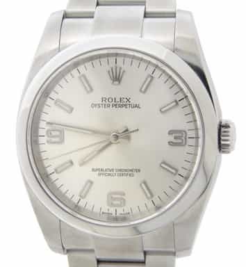 36mm Rolex Stainless Steel Oyster Perpetual Watch Silver Arabic Dial 116000 (SKU 49E591E5AMT)