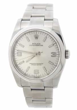 36mm Rolex Stainless Steel Oyster Perpetual Watch Silver Arabic Dial 116000 (SKU 49E591E5AMT)