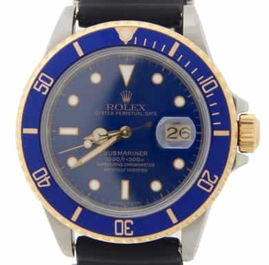 Mens Rolex Two-Tone 18K/SS Submariner Watch Blue 16803 with Rubber Strap (SKU 9301293AMT)