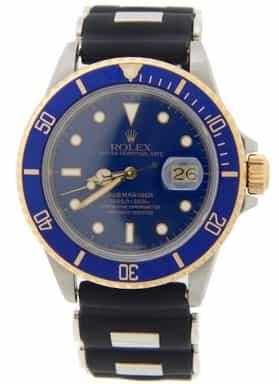 Mens Rolex Two-Tone 18K/SS Submariner Watch Blue 16803 with Rubber Strap (SKU 9301293AMT)