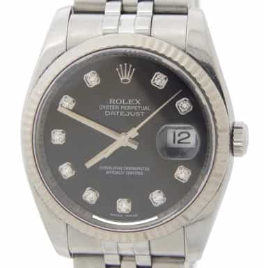 Mens Rolex Stainless Steel Datejust Watch Black Diamond 116234 (SKU 116234BLKAMT)
