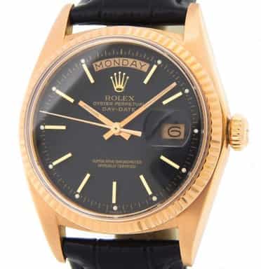 Vintage Mens Rolex 18K Rose Gold Day-Date Watch 1803 with Black Dial (SKU 1803304RBLAMT)