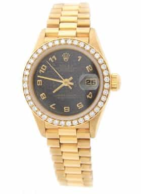 Ladies Rolex 18K Yellow Gold Datejust President Watch 69178 with Factory Diamond Bezel (SKU W621456SGAMT)