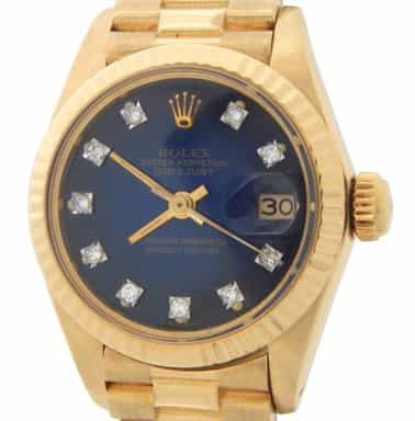 Ladies Rolex 18K Yellow Gold Datejust President Watch 6917 Blue Vignette Diamond (SKU 6525049AMT)