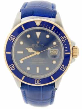 Mens Rolex Two-Tone 18K/SS Submariner Watch 16803 Blue Strap (SKU 9301293LAMT)