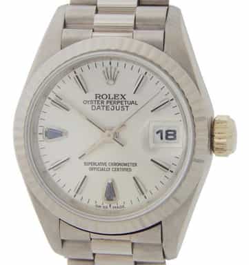 Ladies Rolex 18K White Gold Datejust President Watch 69179 Silver Blue Sapphire Dial (SKU T140106AMT)