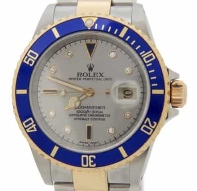 Mens Rolex Two-Tone Submariner Watch 16613 Silver Factory Serti Diamond Dial (SKU Y772434AMT)