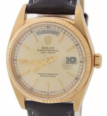 Mens Rolex 18K Gold Day-Date Watch with Silver Dial 18038 (SKU 5972184BRWNAMT)