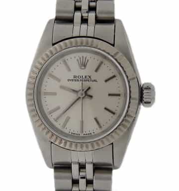 Ladies Rolex Stainless Steel Oyster Perpetual Silver Stick Dial (SKU U449123JAMT)