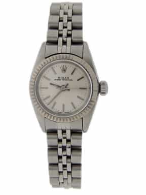 Ladies Rolex Stainless Steel Oyster Perpetual Silver Stick Dial (SKU U449123JAMT)