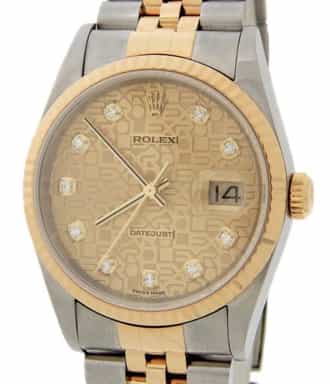 Mens Rolex Two-Tone 16233 Datejust Watch with Factory Gold Anniversary Diamond Dial (SKU K377434AMT)