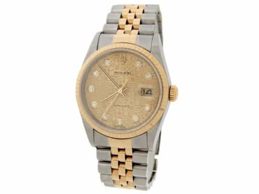 Mens Rolex Two-Tone 16233 Datejust Watch with Factory Gold Anniversary Diamond Dial (SKU K377434AMT)