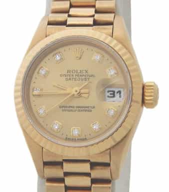 Ladies Rolex 18K Yellow Gold Datejust 69178 President Champagne Diamond (SKU U786990AMT)
