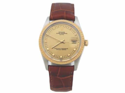 Mens Rolex Two-Tone 18K/SS Date Champagne Dial Brown Leather 15053 (SKU 8394916AMT)