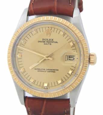 Mens Rolex Two-Tone 18K/SS Date Champagne Dial Brown Leather 15053 (SKU 8394916AMT)