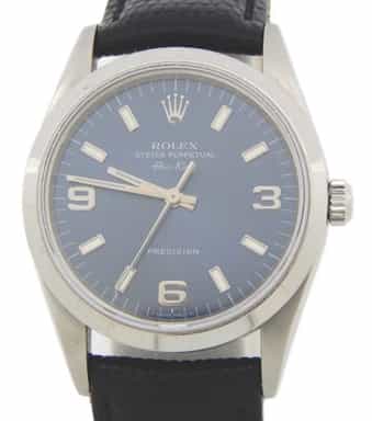 Mens Rolex Stainless Steel Air-King 14000 Watch Blue Arabic Dial Black Leather (SKU U27E314AMT)
