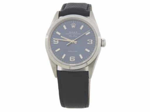 Mens Rolex Stainless Steel Air-King 14000 Watch Blue Arabic Dial Black Leather (SKU U27E314AMT)