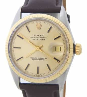 Mens Rolex Two-Tone Datejust 1601 Gold Champagne Dial Watch with Brown Strap (SKU 1252423BRAMT)