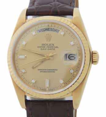 Mens Rolex 18K Gold Day-Date Watch with Champagne Diamond Dial 18038 (SKU 8085603AMT)