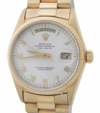 Mens Rolex 18K Gold Day-Date President White Roman 18038 (SKU 18038PAMT)