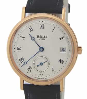 Mens 18k Yellow Gold Breguet Classique Silver Guilloche Dial Black Leather Strap (SKU 59203898AKAMT)