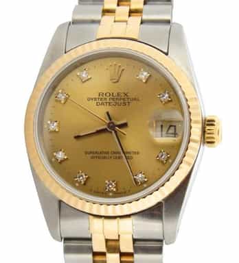 Ladies Mid Size Rolex Two-Tone Datejust Watch Champagne Diamond 68273 (SKU R959651AMT)