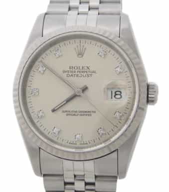 Mens Rolex Stainless Steel 16234 Datejust Watch Silver Diamond Dial (SKU X573745AMT)