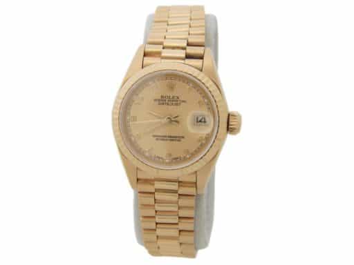 Ladies Rolex 18K Yellow Gold Datejust Watch with Gold Champagne Arabic Dial 69178 (SKU 9176032AAMT)