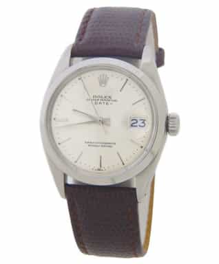 Mens Rolex Stainless Steel Date Watch with Silver Dial Brown Leather Band 1500 (SKU 1231450AMT)