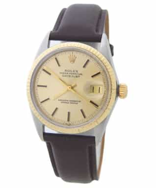 Mens Rolex Two-Tone Datejust 1601 Gold Champagne Dial Watch with Brown Strap (SKU 1252423BRAMT)